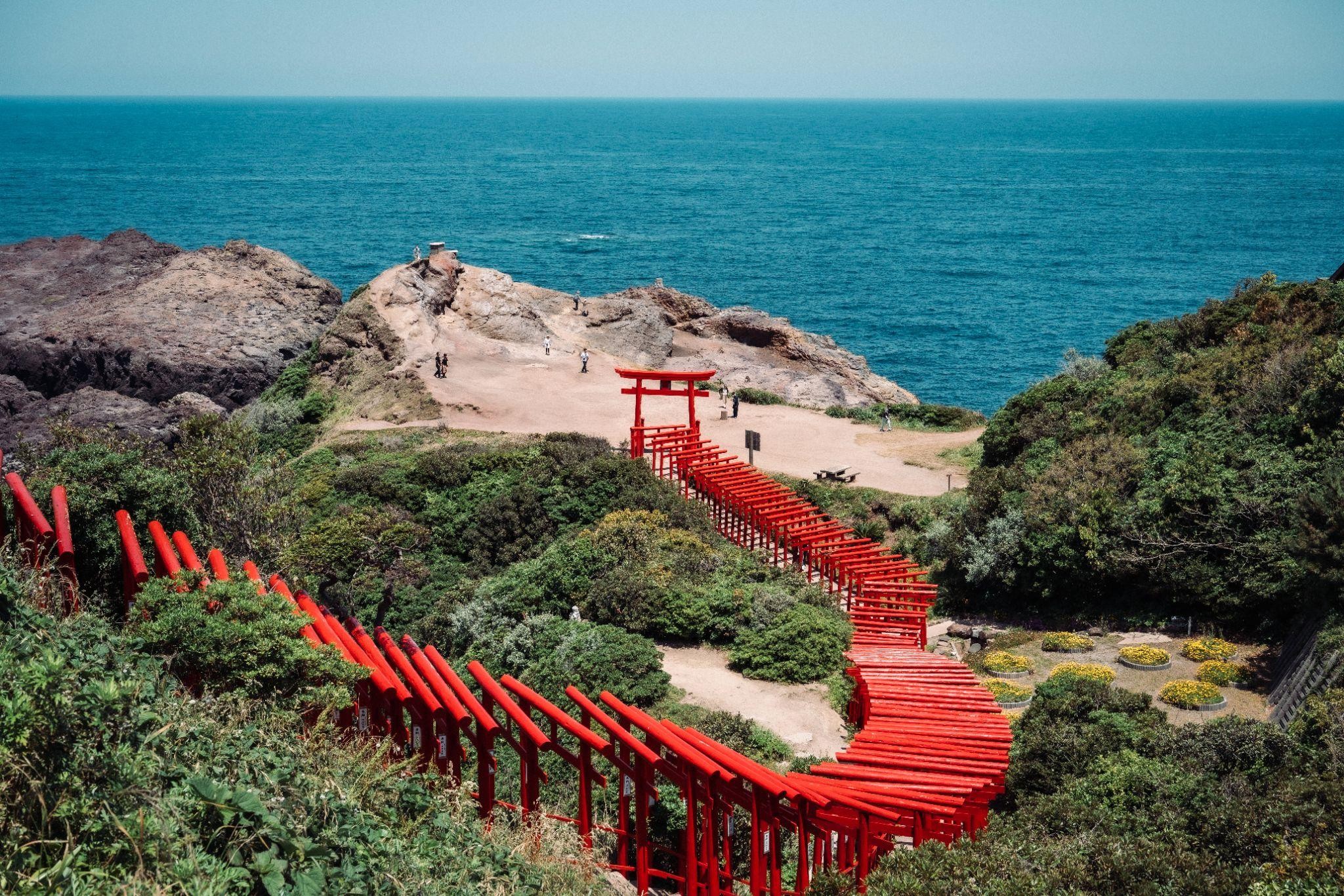 日本海の青い海と緑の崖に沿って、朱色の鳥居が連なる元乃隅神社の全景。